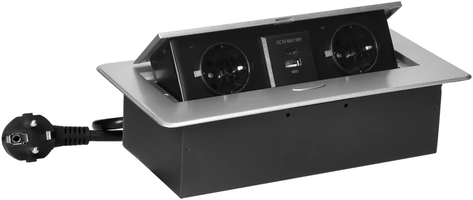 Orno Lizdas Baldinis lizdas, įleidžiamas į stalviršį, su plokščiu frezuotu kraštu, USB įkrovikliu ir 1,5 m laidu, 2x2P+Z (Schuko), 2xUSB (A+C tipo; 3,6A), sidabrinis