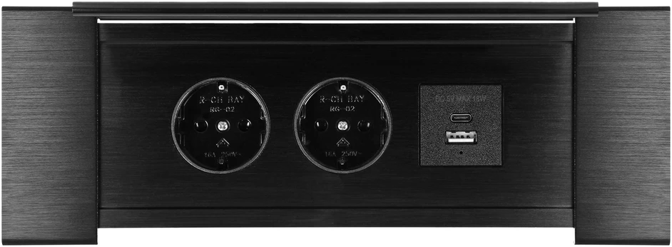 Gniazdo Lizdas Baldinis lizdas, įleidžiamas į stalviršį, su plokščiu frezuotu kraštu, atlenkiamu dangteliu, USB įkrovikliu ir 1,5 m laidu, 2x2P+Z (Schuko), 2xUSB (A+C tipo; 3,6A), juodas