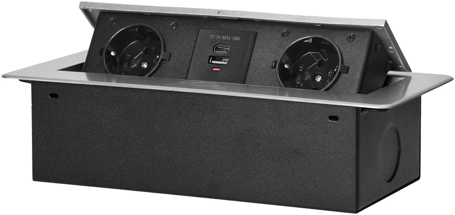 Orno Lizdas Baldinis lizdas, įleidžiamas į stalviršį, su plokščiu frezuotu kraštu ir USB įkrovikliu, 2x2P+Z (Schuko), 2x USB (A+C tipo; 3,6A), sidabrinis