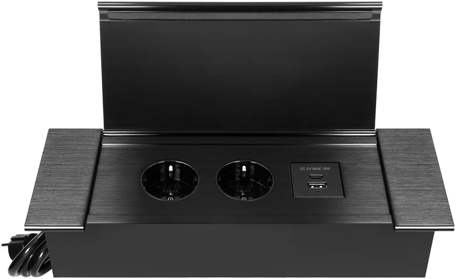 Gniazdo Lizdas Baldinis lizdas, įleidžiamas į stalviršį, su plokščiu frezuotu kraštu, atlenkiamu dangteliu, USB įkrovikliu ir 1,5 m laidu, 2x2P+Z (Schuko), 2xUSB (A+C tipo; 3,6A), juodas