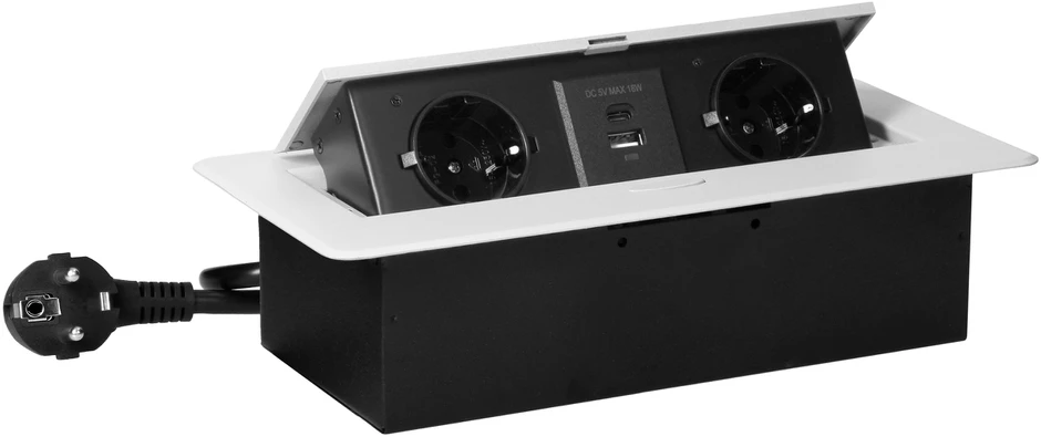 Orno Lizdas Baldinis lizdas, įleidžiamas į stalviršį, su plokščiu frezuotu kraštu, USB įkrovikliu ir 1,5 m laidu, 2x2P+Z (Schuko), 2xUSB (A+C tipo; 3,6A), baltas