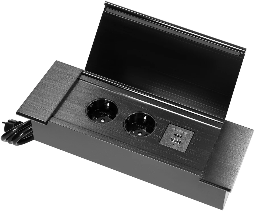 Gniazdo Lizdas Baldinis lizdas, įleidžiamas į stalviršį, su plokščiu frezuotu kraštu, atlenkiamu dangteliu, USB įkrovikliu ir 1,5 m laidu, 2x2P+Z (Schuko), 2xUSB (A+C tipo; 3,6A), juodas