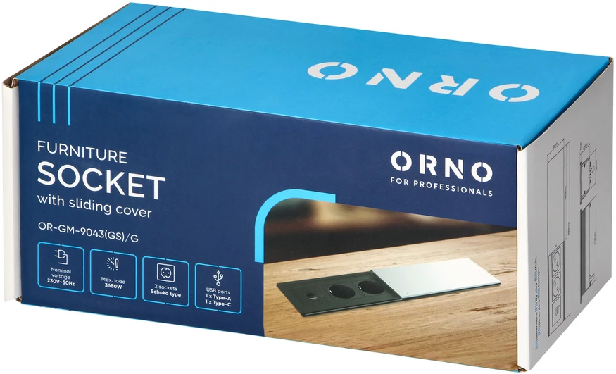 Orno Lizdas Baldinis lizdas su stumdomu dangteliu, 2x2P+Z (Schuko), USB A+C, sidabrinis