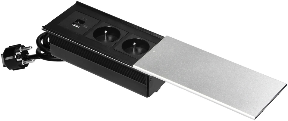 Orno Lizdas Baldinis lizdas su stumdomu dangteliu, 2x2P+Z (prancūziškas), USB A+C, sidabrinis
