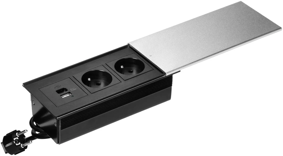 Orno Lizdas Baldinis lizdas su stumdomu dangteliu, 2x2P+Z (prancūziškas), USB A+C, sidabrinis