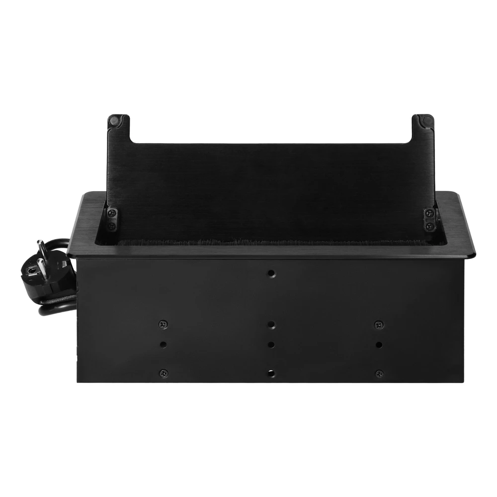 Gniazdo Lizdas Baldų lizdas, įleidžiamas į stalviršį, su plokščiu frezuotu kraštu, apsaugančiu nuo dulkių ir 1,5 m laidu, 2x2P+Z (Schuko), 2xUSB (A+C tipo; 3,6A), 2xNET, juodas