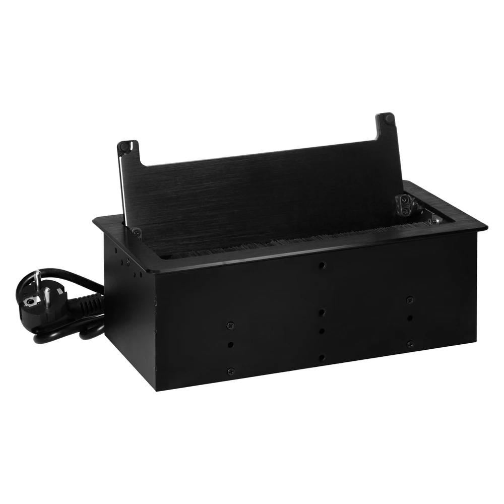Gniazdo Lizdas Baldų lizdas, įleidžiamas į stalviršį, su plokščiu frezuotu kraštu, apsaugančiu nuo dulkių ir 1,5 m laidu, 2x2P+Z (Schuko), 2xUSB (A+C tipo; 3,6A), 2xNET, juodas