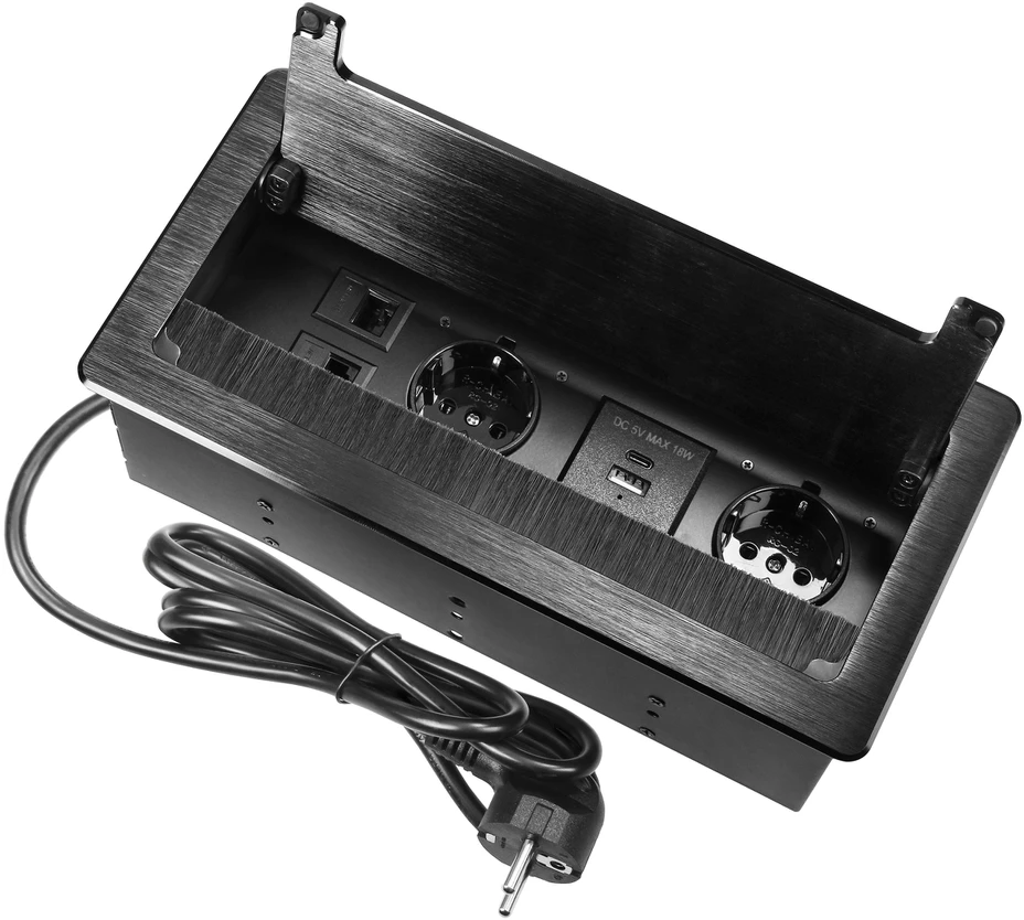 Gniazdo Lizdas Baldų lizdas, įleidžiamas į stalviršį, su plokščiu frezuotu kraštu, apsaugančiu nuo dulkių ir 1,5 m laidu, 2x2P+Z (Schuko), 2xUSB (A+C tipo; 3,6A), 2xNET, juodas