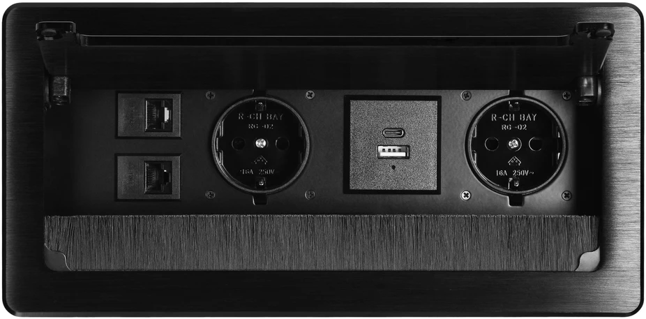 Gniazdo Lizdas Baldų lizdas, įleidžiamas į stalviršį, su plokščiu frezuotu kraštu, apsaugančiu nuo dulkių ir 1,5 m laidu, 2x2P+Z (Schuko), 2xUSB (A+C tipo; 3,6A), 2xNET, juodas