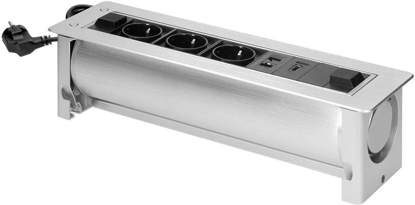 Orno Lizdas Baldų lizdas, įleidžiamas į stalviršį, su plokščiu frezuotu kraštu ir elektros anga, 3x2P+Z (Schuko), 2xNET, 1xHDMI