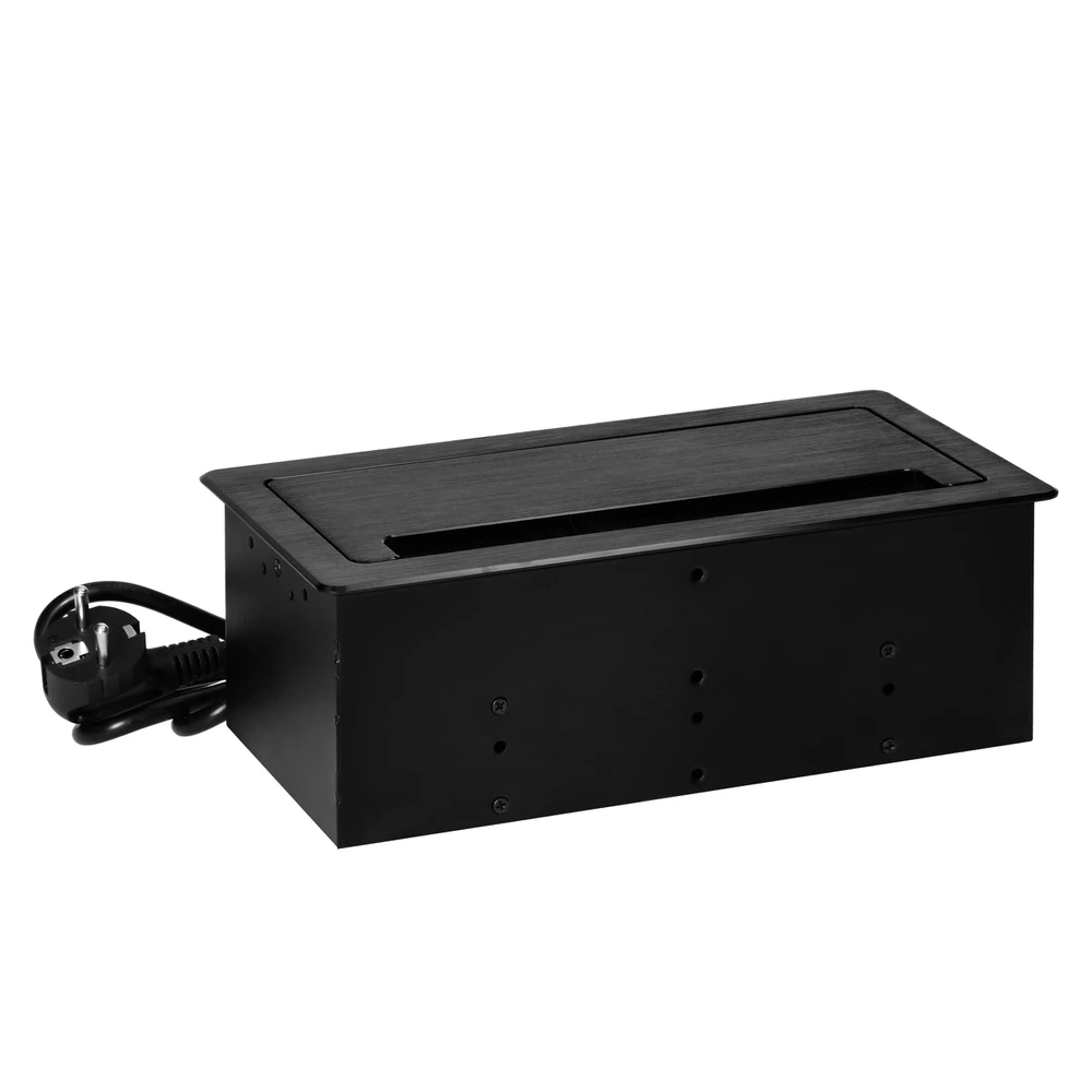 Gniazdo Lizdas Baldų lizdas, įleidžiamas į stalviršį, su plokščiu frezuotu kraštu, apsaugančiu nuo dulkių ir 1,5 m laidu, 2x2P+Z (Schuko), 2xUSB (A+C tipo; 3,6A), 2xNET, juodas