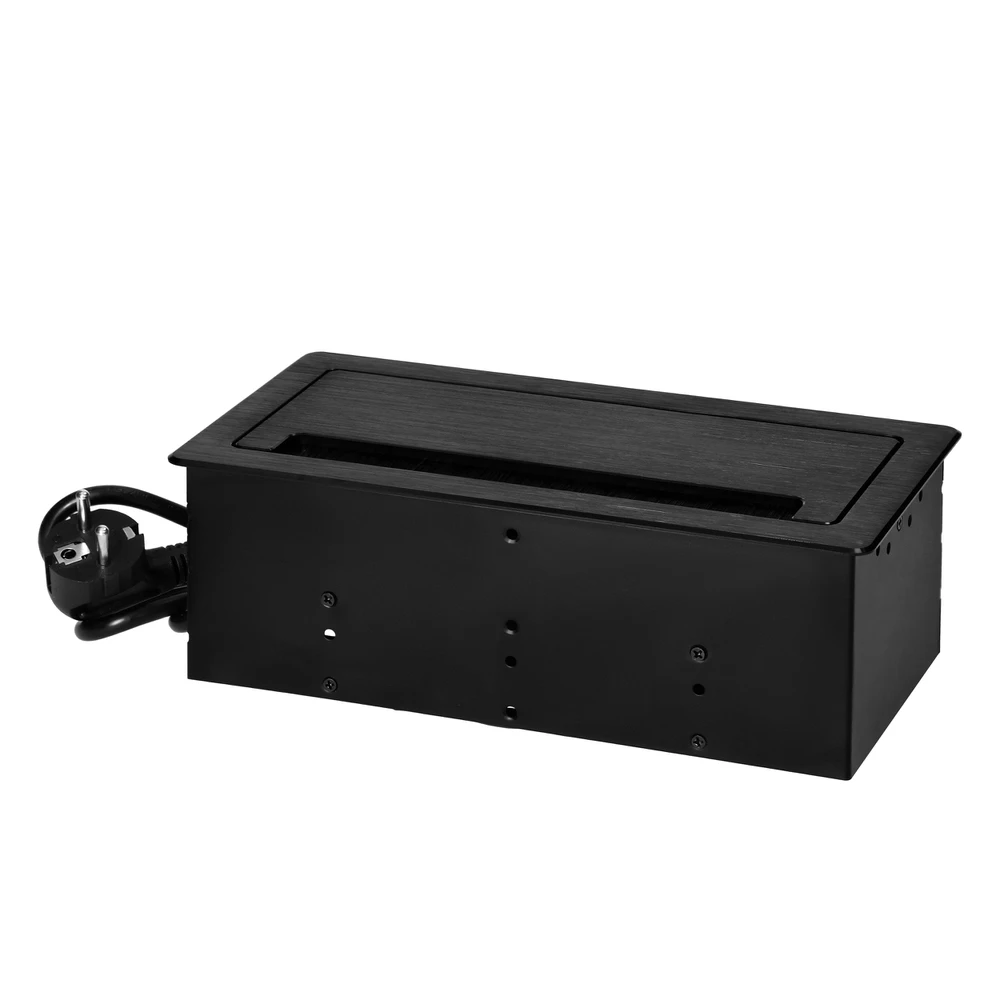 Gniazdo Lizdas Baldų lizdas, įleidžiamas į stalviršį, su plokščiu frezuotu kraštu, apsaugančiu nuo dulkių ir 1,5 m laidu, 2x2P+Z (Schuko), 2xUSB (A+C tipo; 3,6A), 2xNET, juodas