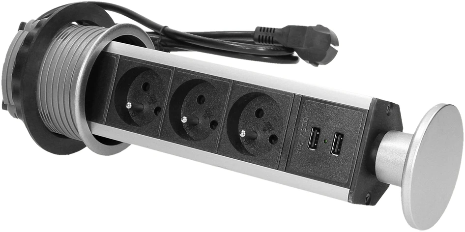 Orno Lizdas Baldų lizdas, ištraukiamas nuo stalviršio (~8 cm), su USB įkrovikliu ir 1,8 m laidu, 3x2P+Z, 2xUSB