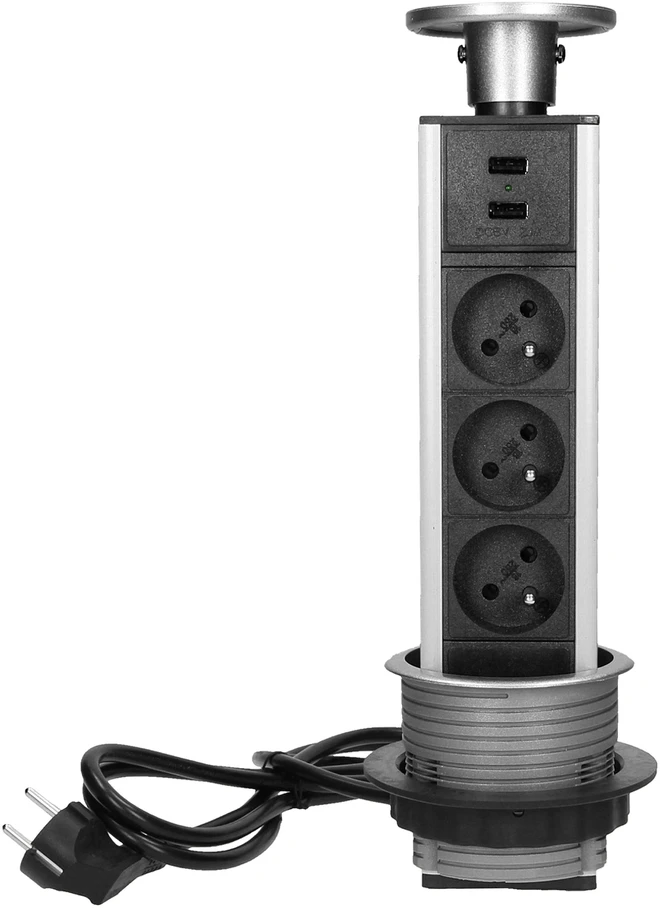 Orno Lizdas Baldų lizdas, ištraukiamas nuo stalviršio (~8 cm), su USB įkrovikliu ir 1,8 m laidu, 3x2P+Z, 2xUSB