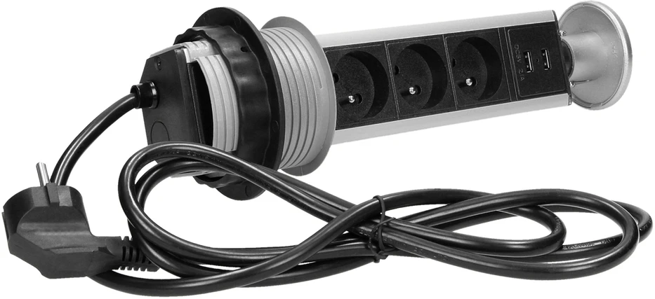Orno Lizdas Baldų lizdas, ištraukiamas nuo stalviršio (~8 cm), su USB įkrovikliu ir 1,8 m laidu, 3x2P+Z, 2xUSB