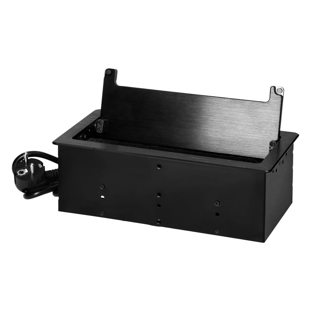 Gniazdo Lizdas Į stalviršį įleidžiamas baldų lizdas su plokščiu frezuotu kraštu, dulkių šepetėliu ir 1,5 m laidu, 2x2P+Z (prancūziškas), 2xUSB (A+C tipo; 3,6A), 2xNET, juodas