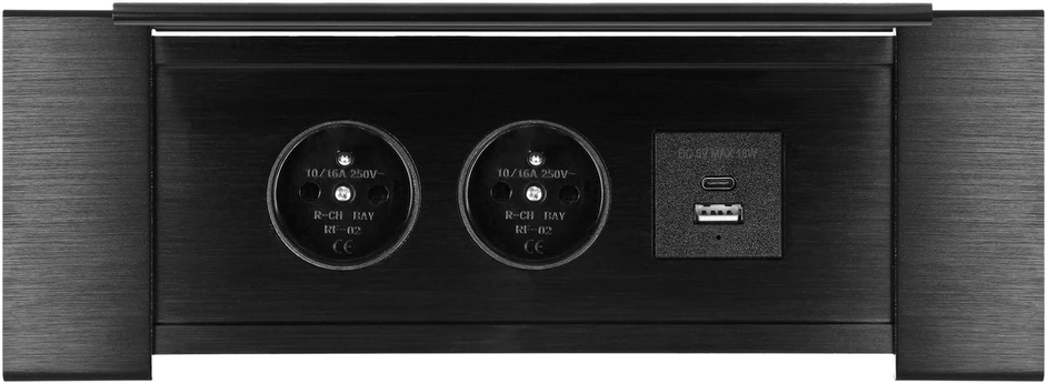 Orno Lizdas Į stalviršį įleidžiamas baldų lizdas su plokščiu frezuotu kraštu, atlenkiamu dangteliu, USB įkrovikliu ir 1,5 m laidu, 2x2P+Z (prancūziškas), 2xUSB (A+C tipo; 3,6A), juodas
