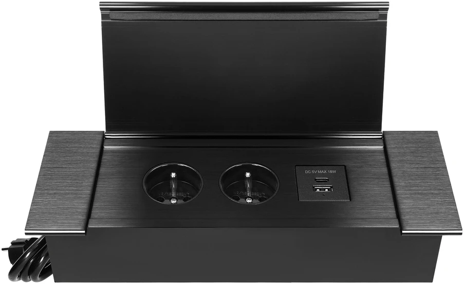 Orno Lizdas Į stalviršį įleidžiamas baldų lizdas su plokščiu frezuotu kraštu, atlenkiamu dangteliu, USB įkrovikliu ir 1,5 m laidu, 2x2P+Z (prancūziškas), 2xUSB (A+C tipo; 3,6A), juodas
