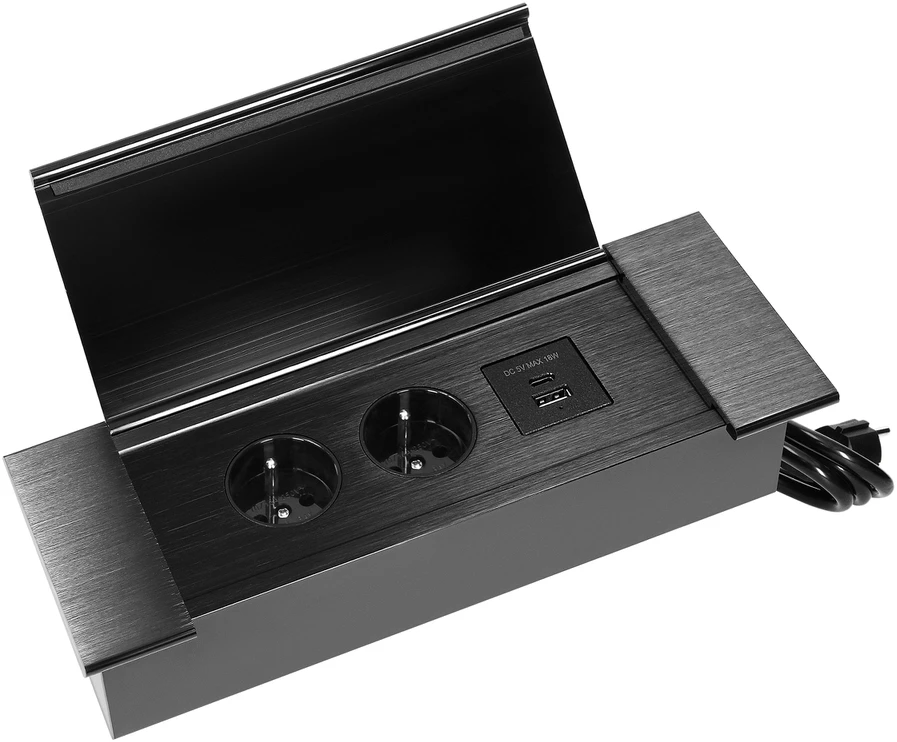 Orno Lizdas Į stalviršį įleidžiamas baldų lizdas su plokščiu frezuotu kraštu, atlenkiamu dangteliu, USB įkrovikliu ir 1,5 m laidu, 2x2P+Z (prancūziškas), 2xUSB (A+C tipo; 3,6A), juodas