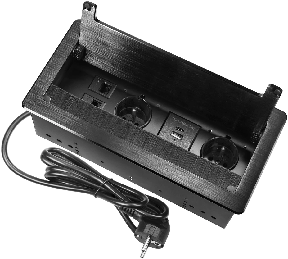 Gniazdo Lizdas Į stalviršį įleidžiamas baldų lizdas su plokščiu frezuotu kraštu, dulkių šepetėliu ir 1,5 m laidu, 2x2P+Z (prancūziškas), 2xUSB (A+C tipo; 3,6A), 2xNET, juodas