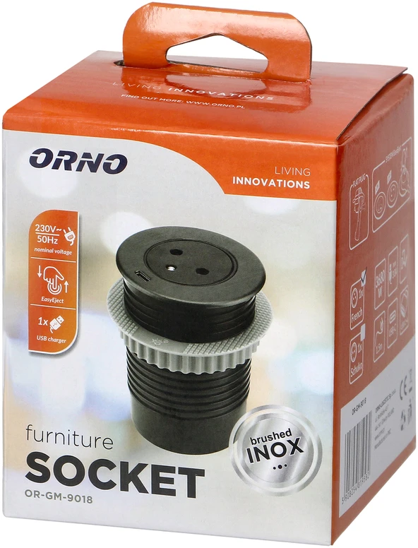 Orno Lizdas Įleidžiamas lizdas 2P+Z su „EasyEject“ sistema, USB 3.0, 1,5 m + USB adapteris