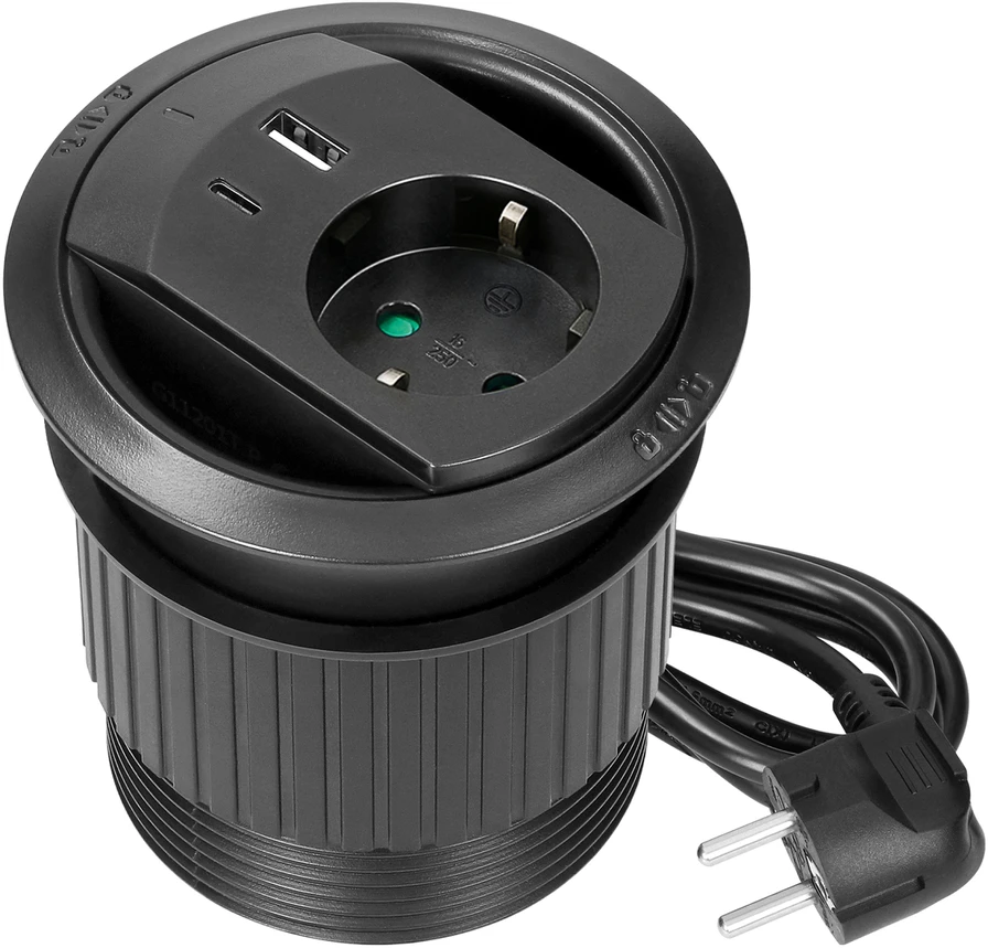 Gniazdo Lizdas Įleidžiamas lizdas su USB įkrovikliu, kabelio sandarikliu ir 1,4 m laidu, 1x2P+Z (Schuko), 2xUSB (A+C tipo; PD20W), juodas