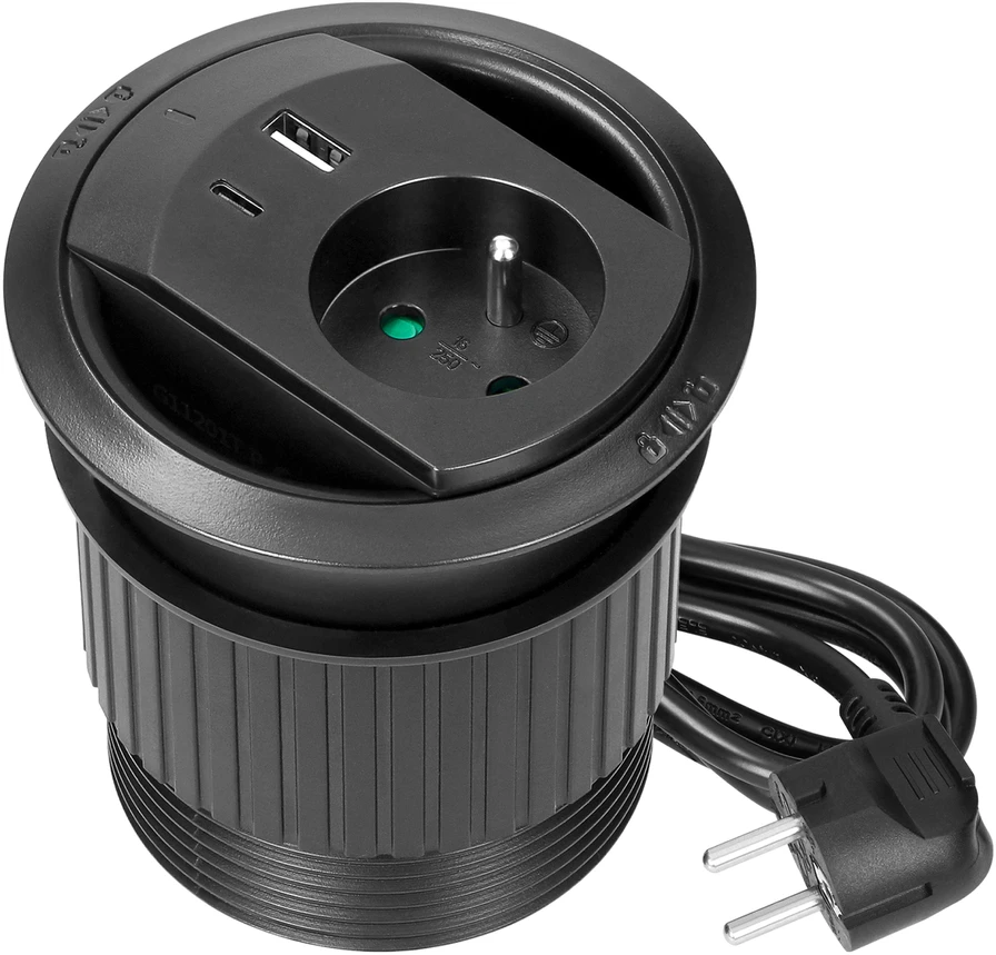 Gniazdo Lizdas Įleidžiamas lizdas su USB įkrovikliu, kabelio sandarikliu ir 1,4 m laidu, 1x2P+Z (prancūziškas), 2xUSB (A+C tipo; PD20W), juodas