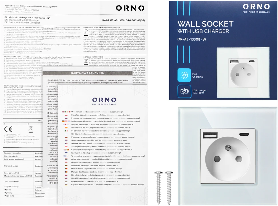 Orno Lizdas Lizdas 2P+Z, USB-A + USB-C, PD, maks. 20W, baltas