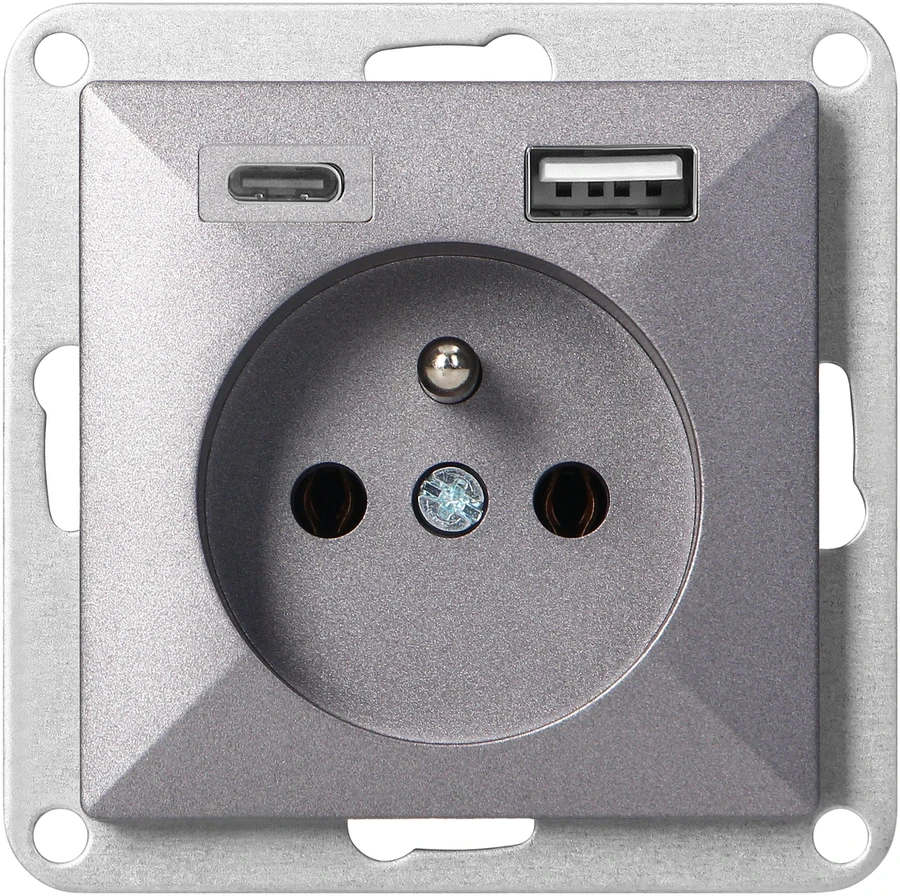 Gniazdo Lizdas Lizdas su 2P+E ir USB įkrovikliu, A+C, Pearl, 16A, 250V, PT-16P/USB, antracito spalvos