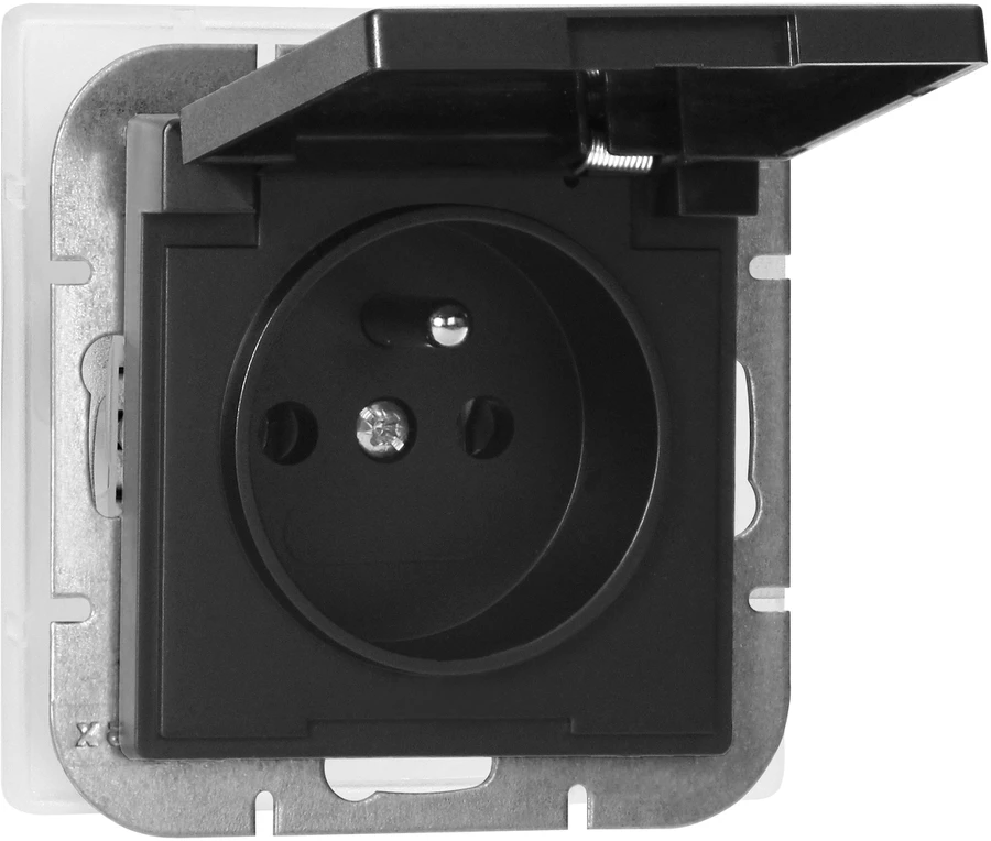 Gniazdo Lizdas Lizdas su 2P+Z apsauga nuo vandens purslų su atvartu, Pearl, 16A, 250V, PT-16PH, juodas