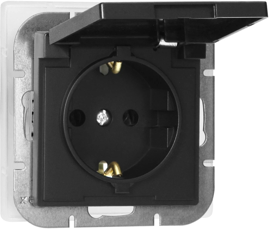 Gniazdo Lizdas Lizdas su 2P+Z apsauga nuo vandens purslų, su atvartu, Pearl, 16A, 250V, PT-17PH, juodas