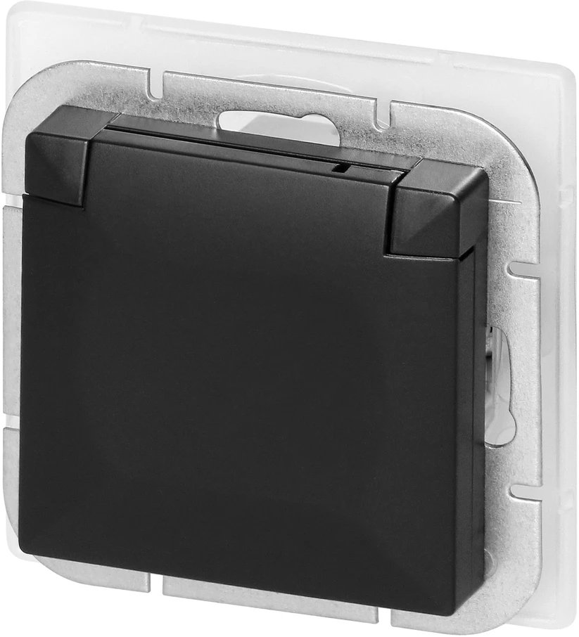 Gniazdo Lizdas Lizdas su 2P+Z apsauga nuo vandens purslų, su atvartu, Pearl, 16A, 250V, PT-17PH, juodas