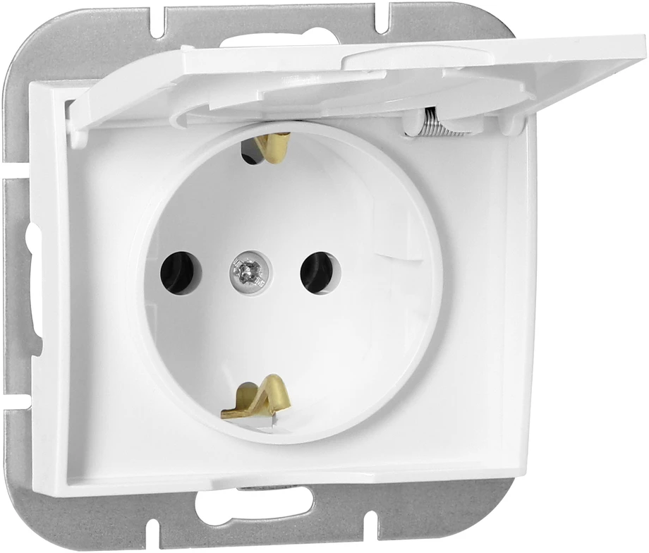 Gniazdo Baltas Onyx vienvietis Schuko lizdas su dangteliu, 16A, 250V, atsparus drėgmei