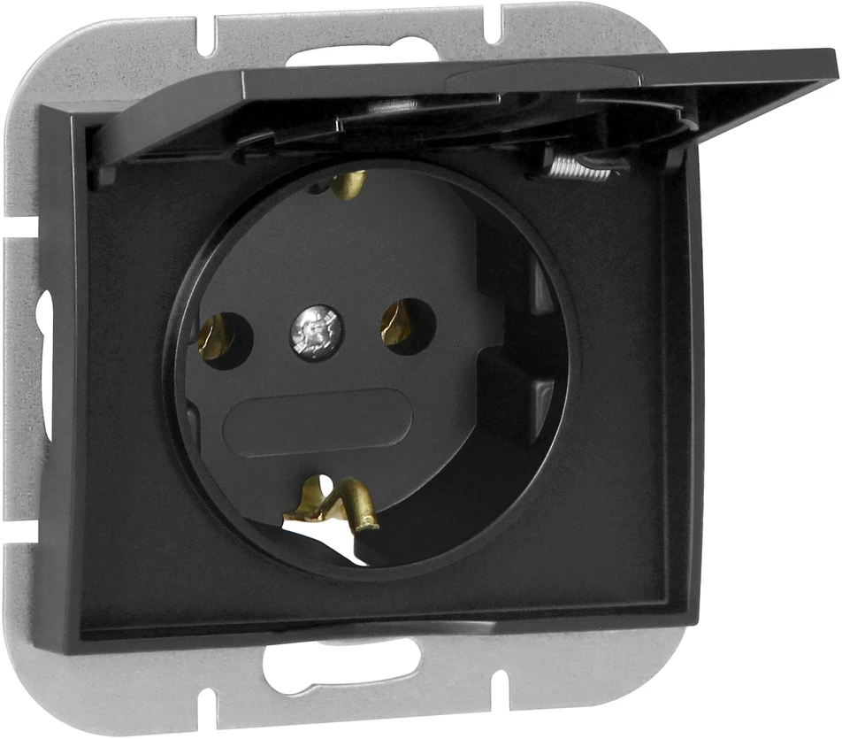 Gniazdo Lizdas Lizdas su 2P+Z apsauga nuo vandens purslų, su atvartu, onikso spalvos, 16A, 250V, PT-17OH, juodas