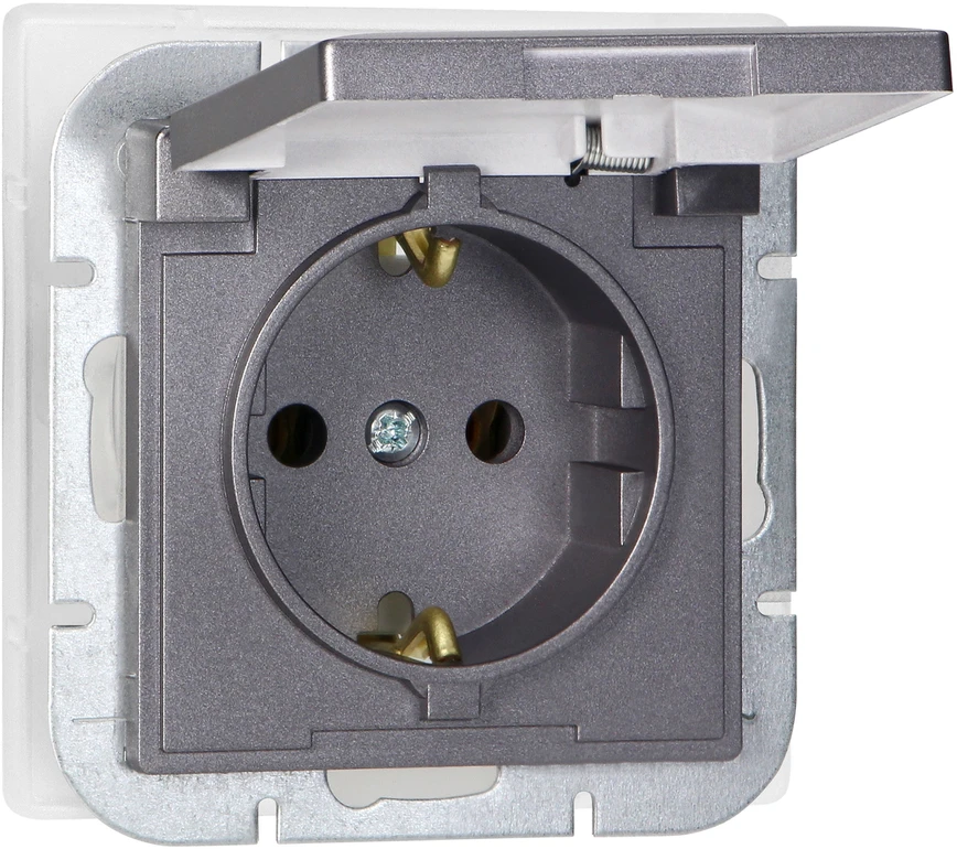 Gniazdo Lizdas Lizdas su 2P+Z Schuko apsauga nuo vandens purslų su atvartu, Pearl, 16A, 250V, PT-17PH, antracito spalvos