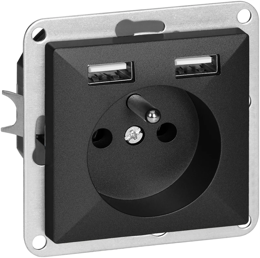 Gniazdo Vienguba rozetė su USB įkrovikliu Pearl, juoda