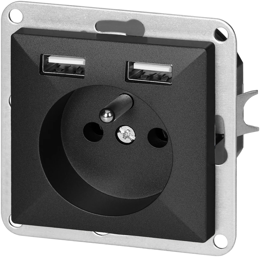 Gniazdo Vienguba rozetė su USB įkrovikliu Pearl, juoda