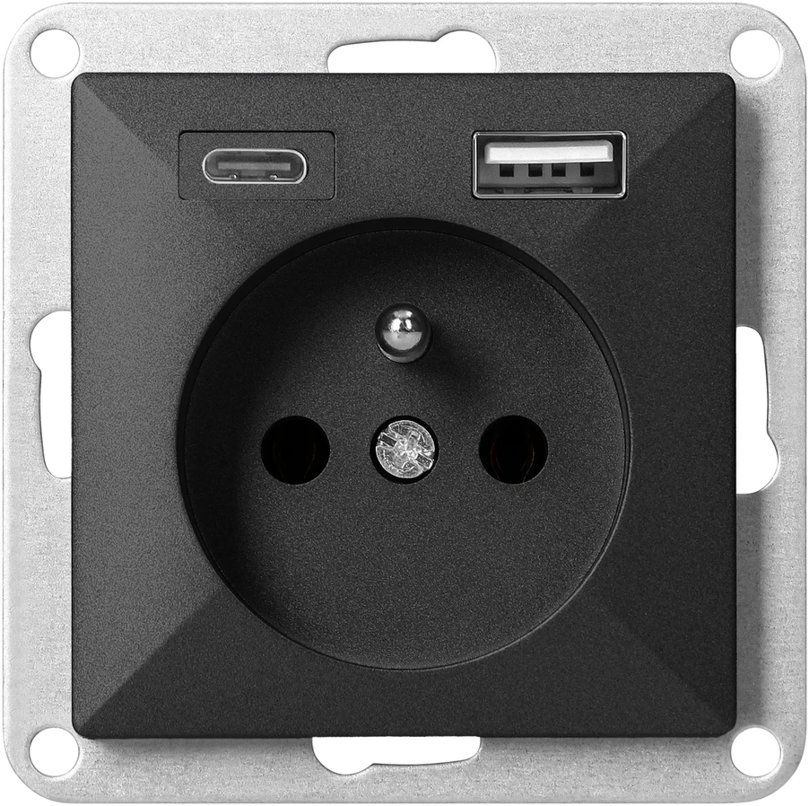 Gniazdo Lizdas Lizdas su USB įkrovikliu, 2P+E, Pearl, 16A, 250V, PT-16P/USB, juodas