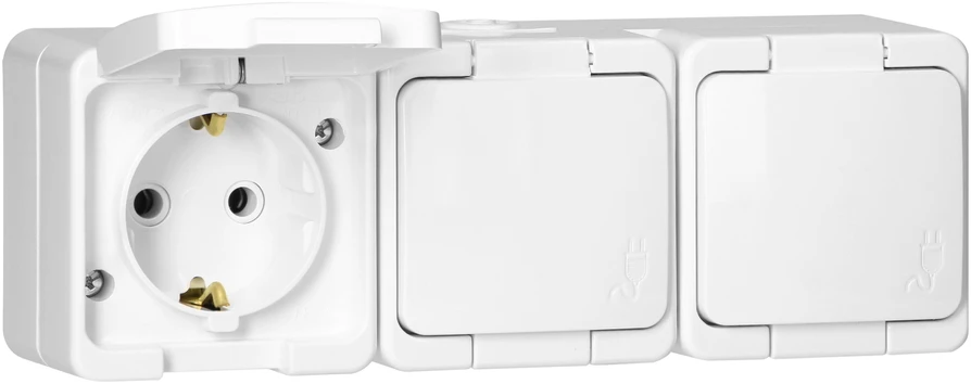 Gniazdo Lizdas Trigubas lizdas 3x 2P+Z SCHUKO atsparus vandeniui su atvartu, IP44, SMART, baltas