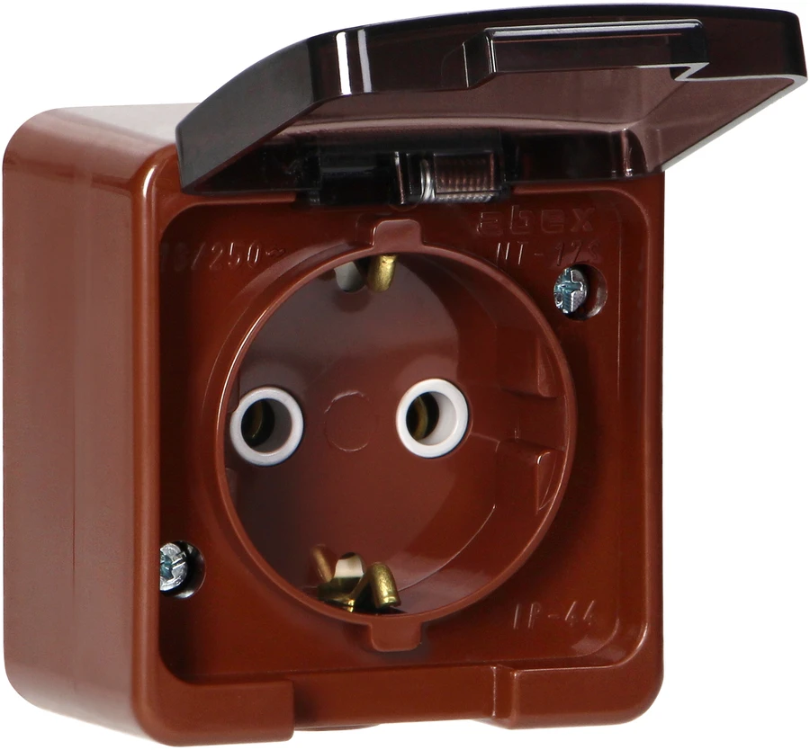 Gniazdo Lizdas Vienas lizdas 2P+Z SCHUKO atsparus purslams su dūmų sklende IP44, SMART, rudas