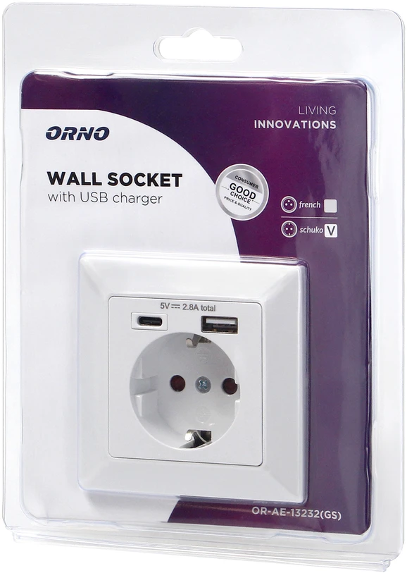 Orno Viengubas elektros lizdas 2P+Z (Schuko) su USB-A ir USB-C jungtimis