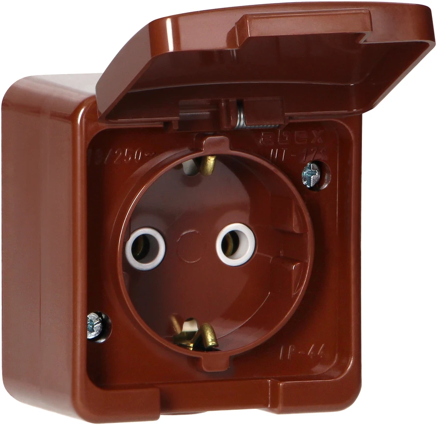 Gniazdo Lizdas Viengubas 2P+Z SCHUKO lizdas, atsparus vandens purslams, su atvartu, gaminio spalvos, IP44, SMART, rudas