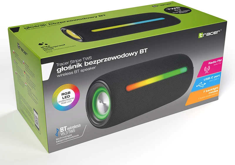 Nešiojama kolonėlė Tracer Stripe TWS Bluetooth RGB, Juoda