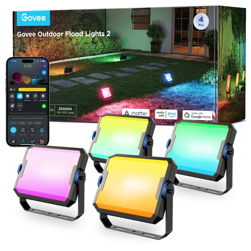 „Govee H8057“ lauko prožektoriai 2 | LED prožektoriai | „Wi-Fi“ + „Bluetooth“, RGBWW, IP66
