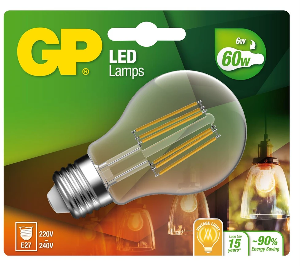 GP - LED lempa klasikinė, su gijomis, E27, 6 W (60 W), 806 lm