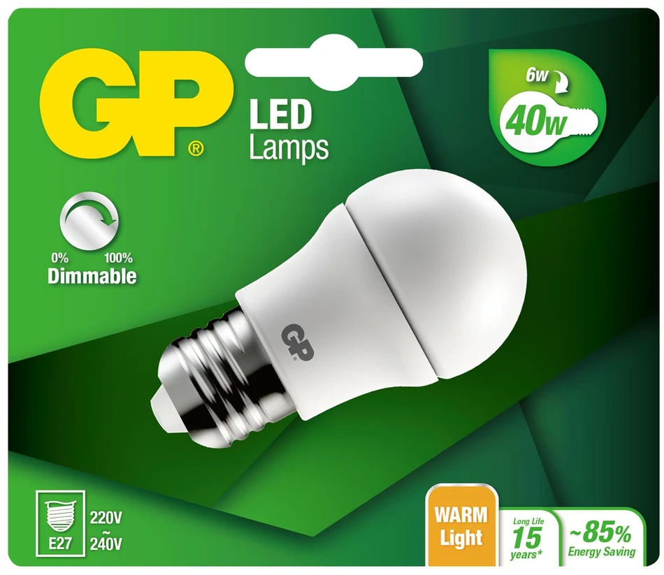 GP - LED lemputė, mini rutulinė, E27, DIM, 6W (40W), 470lm,