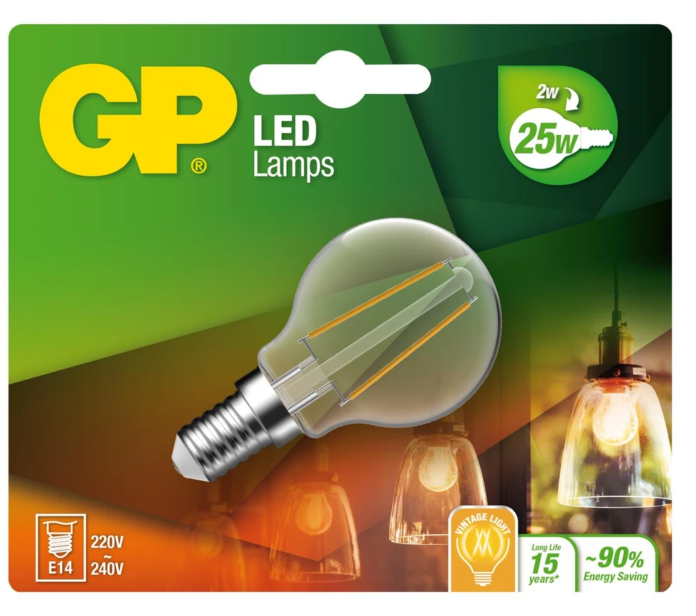 GP - LED lemputė su gijos formos mini gaubtu, E14, 2W (25W), 250lm
