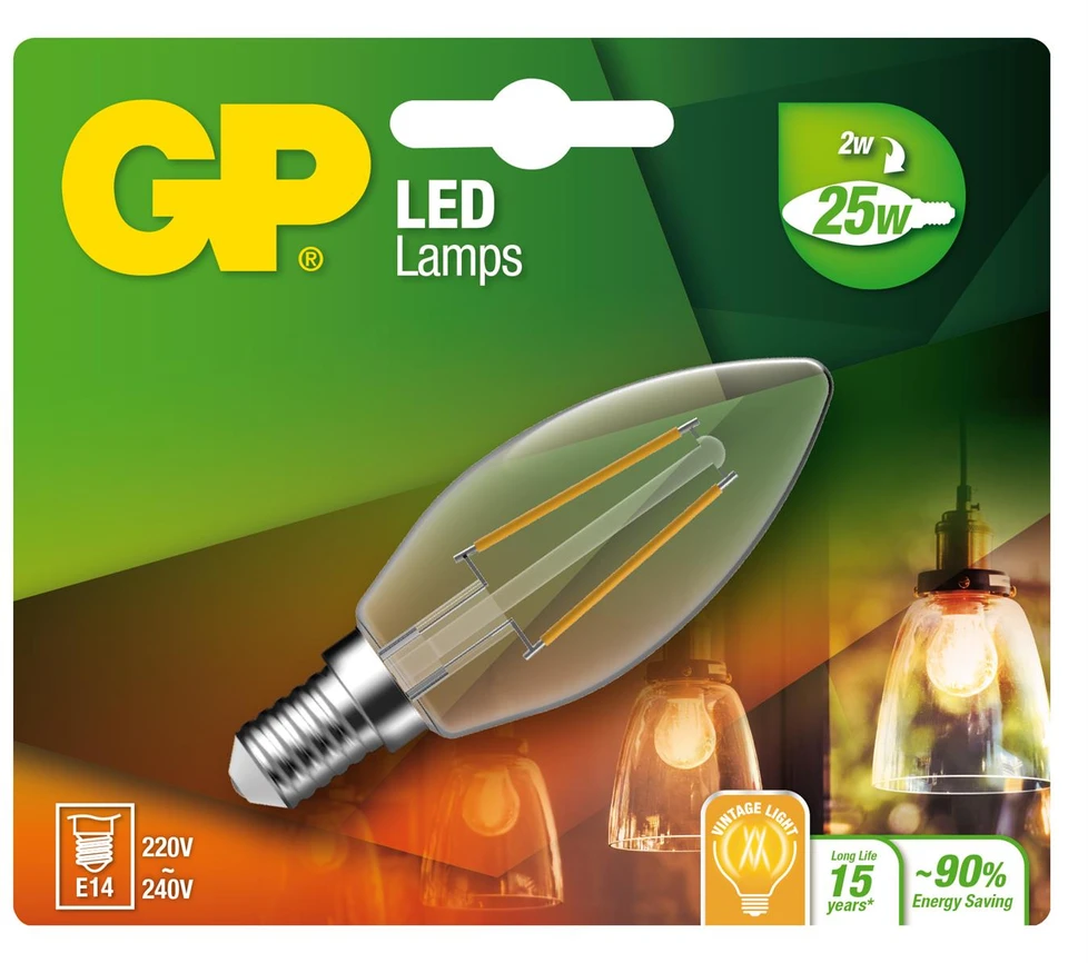 GP - LED lemputė su gijos formos mini žvake, E14, 2W (25W), 250lm