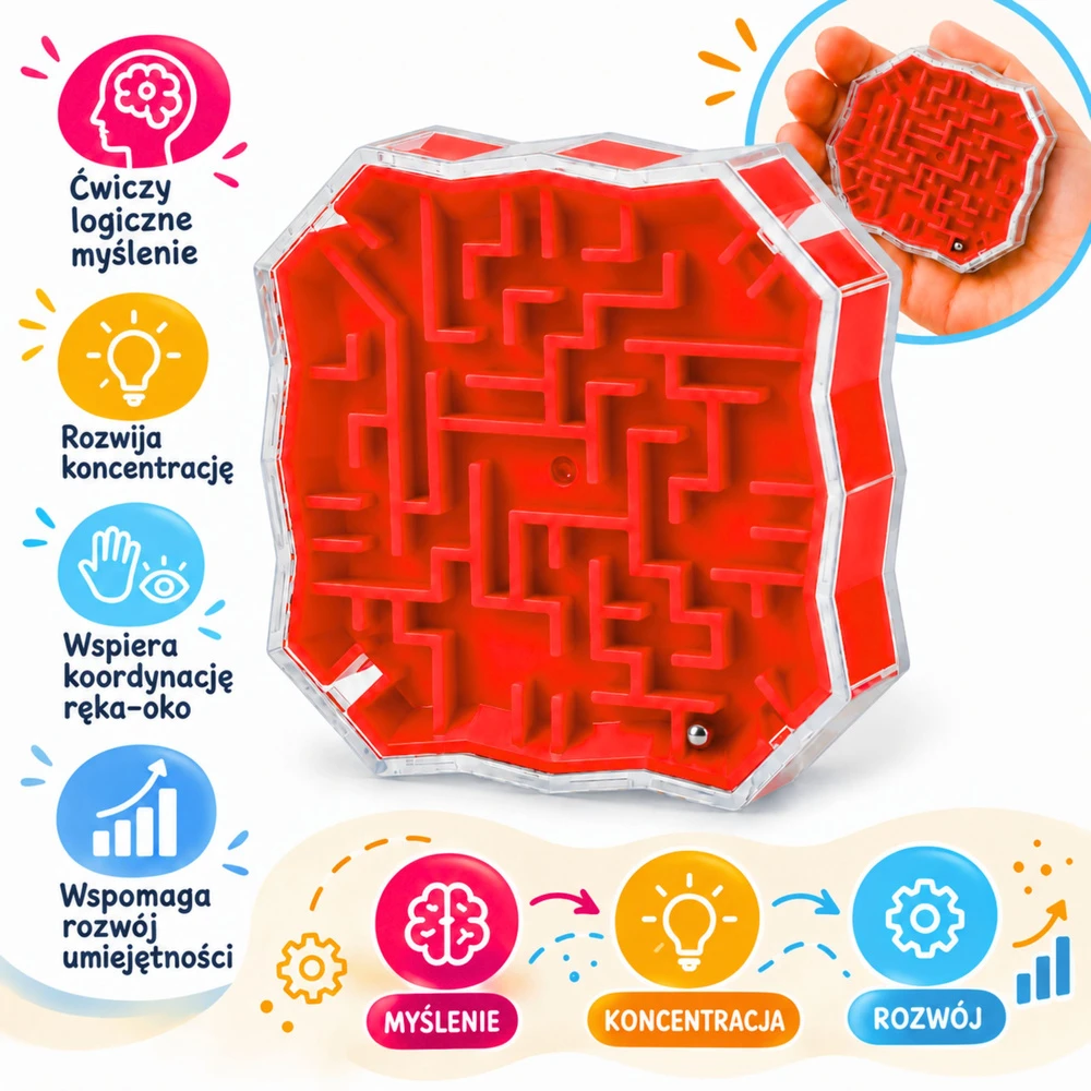 Lean Toys Logikos žaidimas „Labirintas su kamuoliuku“ raudonas
