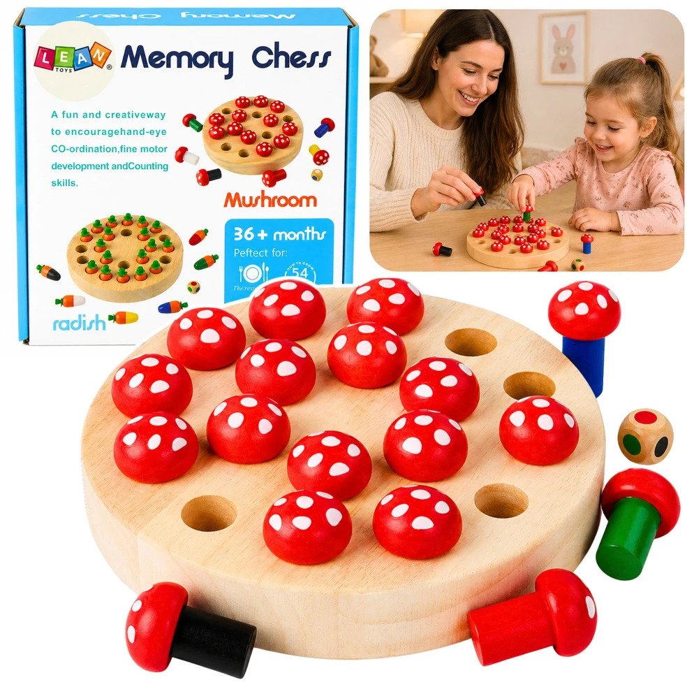Dėlionė Lean Toys Medinis atminties žaidimas su grybukais šeimai